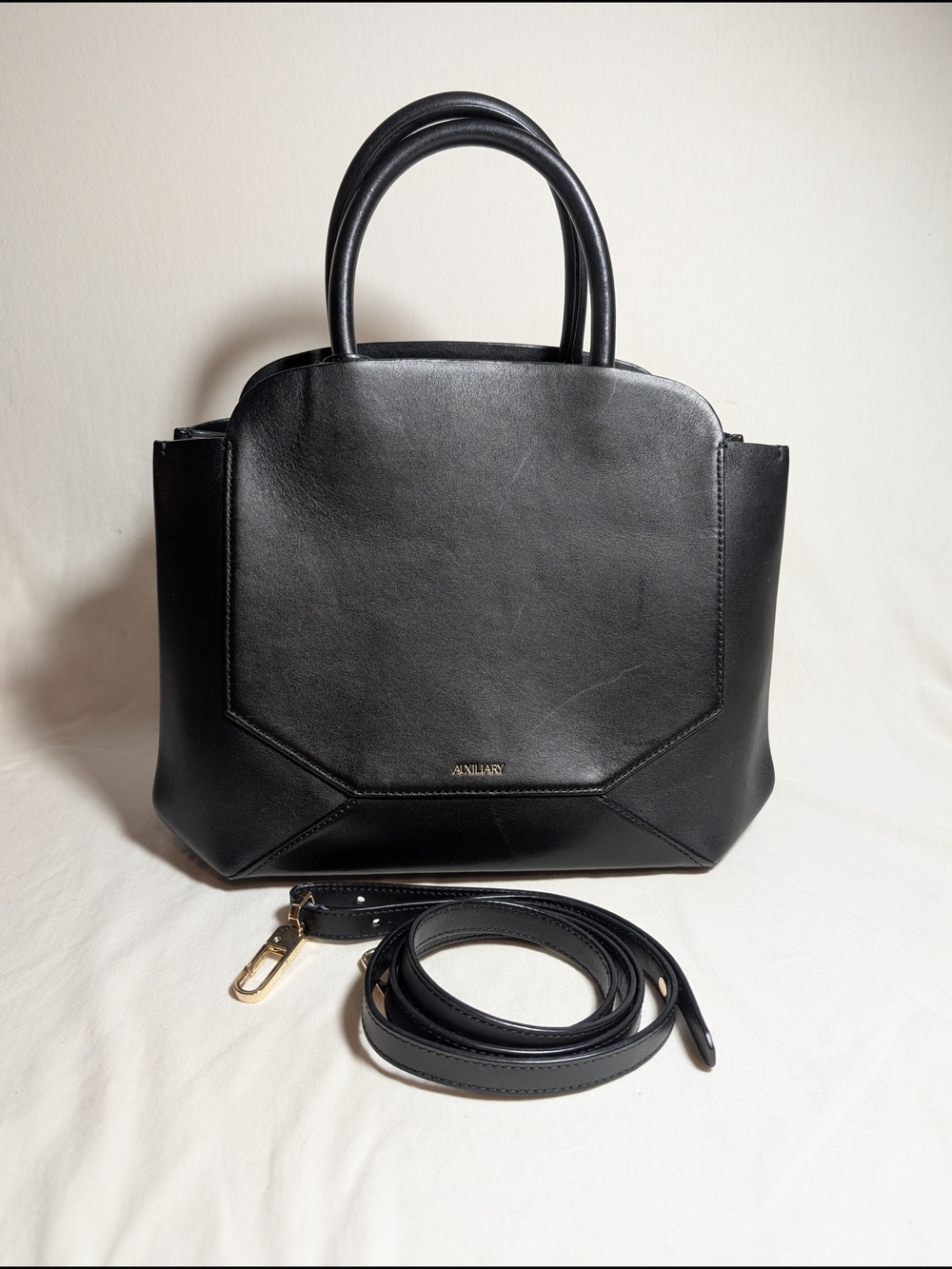 Auxiliary Bega Black Leather Structured Satchel with Detachable Strap